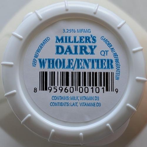 Miller's Dairy 3.25% Milk, 1L GLASS Bottle